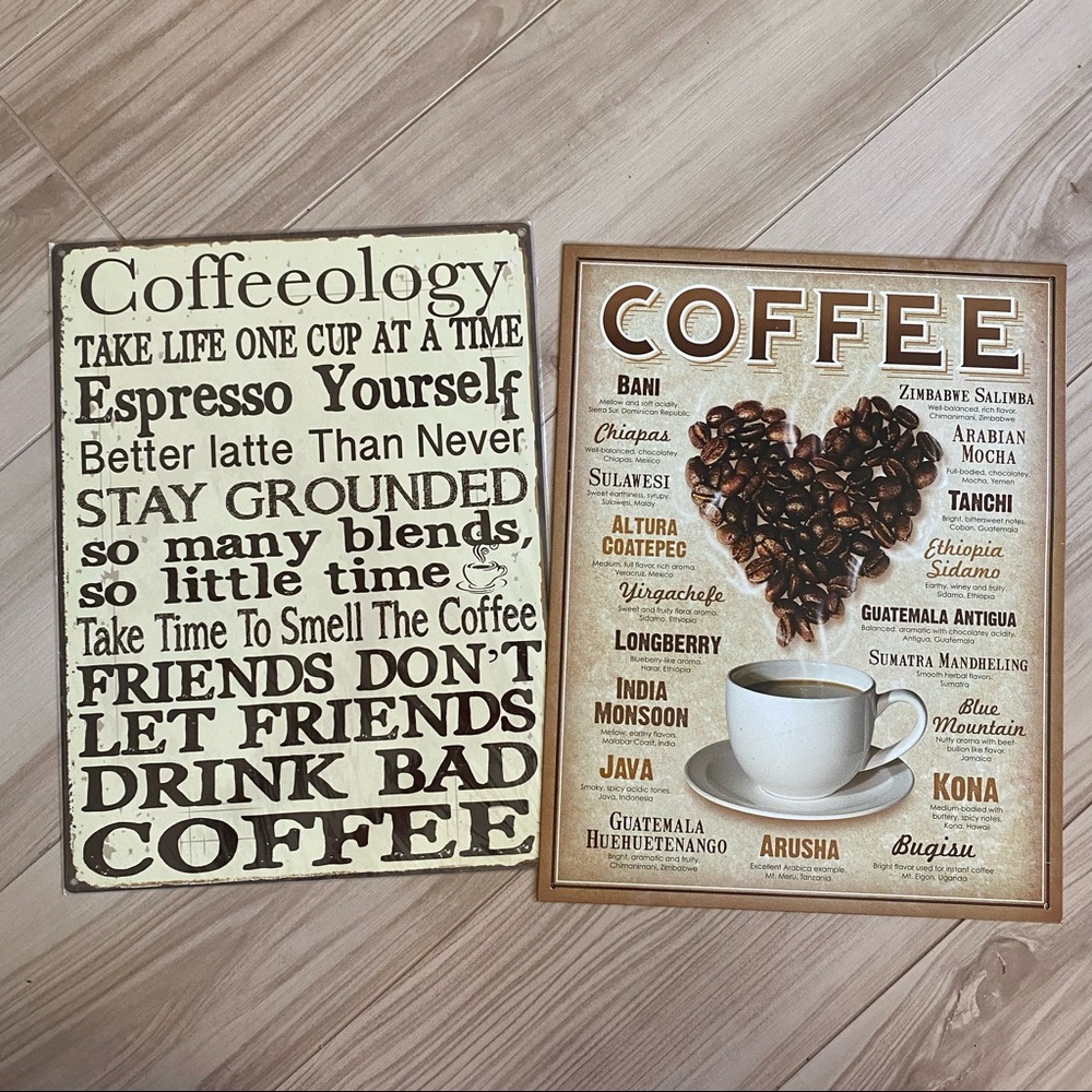 Set of 2 Tin Coffee Themed Signs